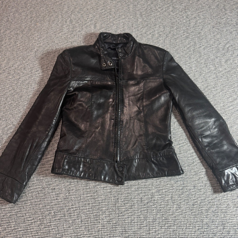 Andrew Marc New York Womens Black Leather Moto Jacket Size XS Snap Collar Zip